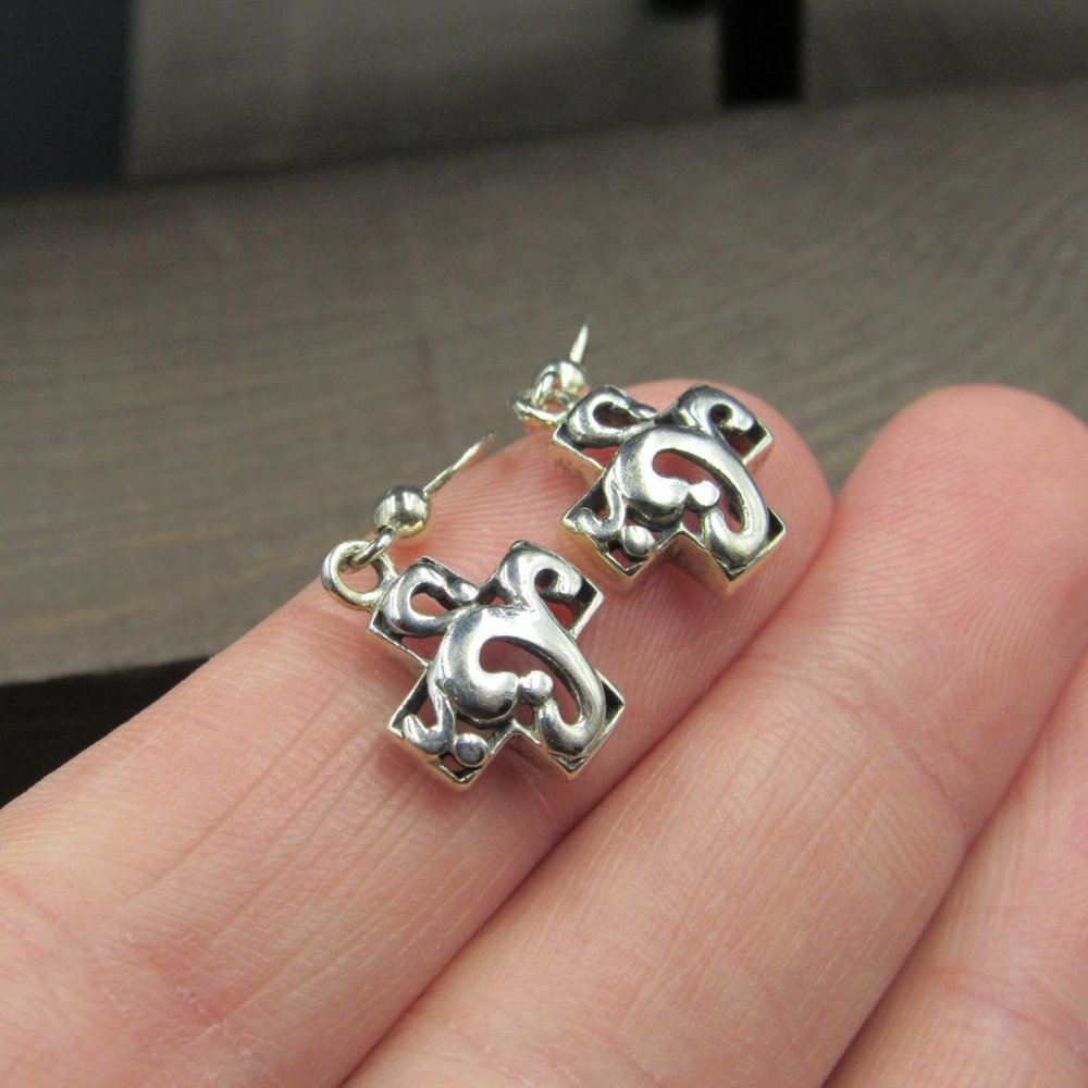 Sterling Silver Ornate Cutout Plus Shape Dangle Earrings Vintage - Picture 2 of 6